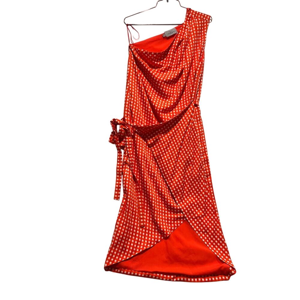 Preen Thornton Bregazzi One Shoulder Gingham Wrap Dress Tomato Red White 6